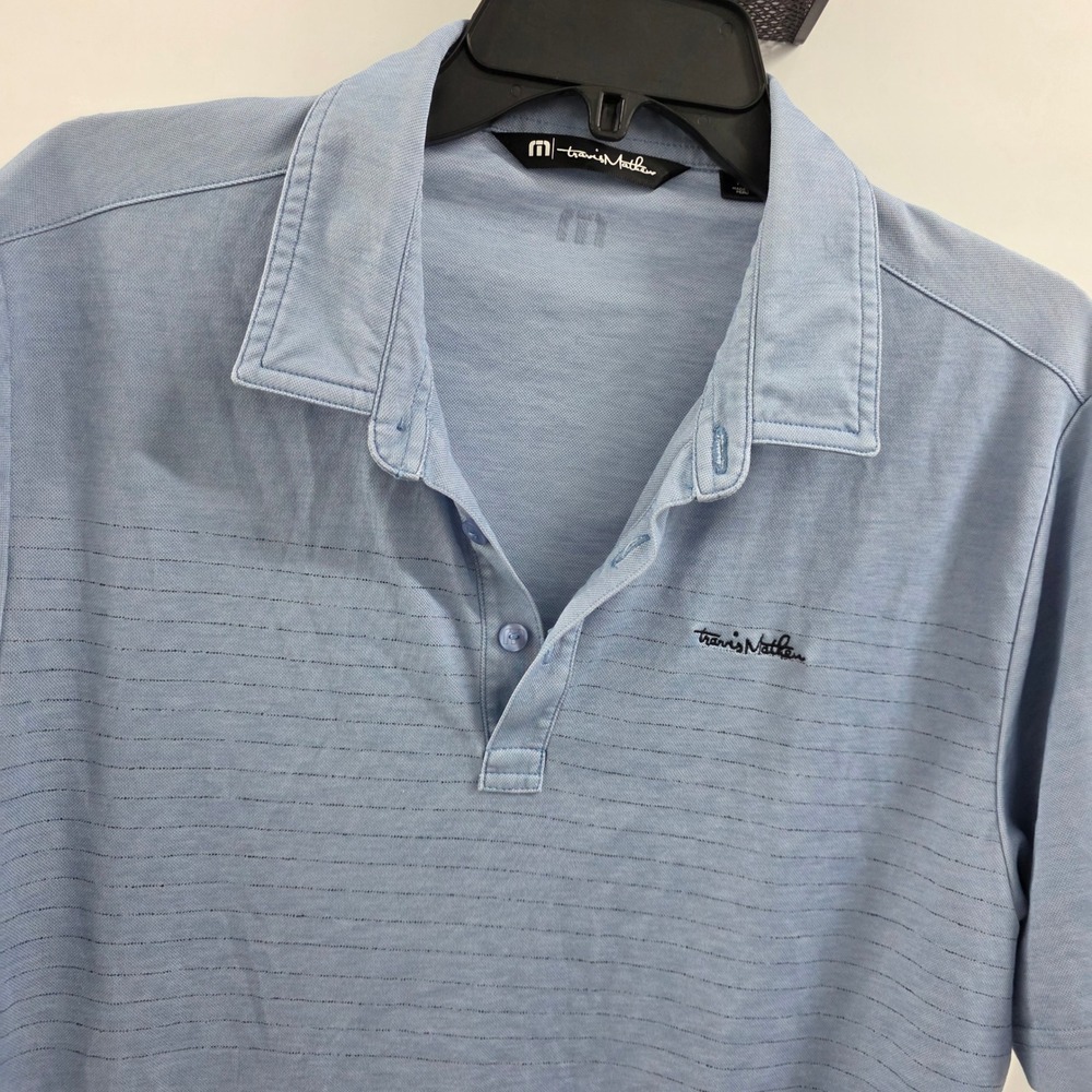 TravisMathew Mens Blue Striped Pima Cotton Blend Polo Shirt Size M Golf Casual